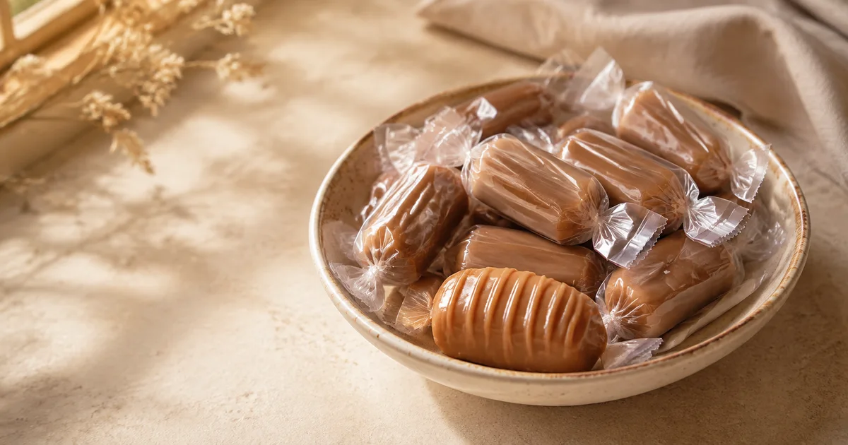 Illustration: a shallow bowl of individually wrapped caramel eclairs with one unwrapped soft caramel sweet
