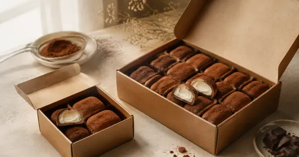 Illustration: two open unbranded kraft confectionery boxes of different sizes containing cream-filled cocoa sweets Illustration: two open unbranded kraft confectionery boxes of different sizes containing cream-filled cocoa sweets