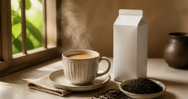 Illustration: a steaming cup of milk tea beside a plain sealed milk carton and loose black tea leaves Illustration: a steaming cup of milk tea beside a plain sealed milk carton and loose black tea leaves