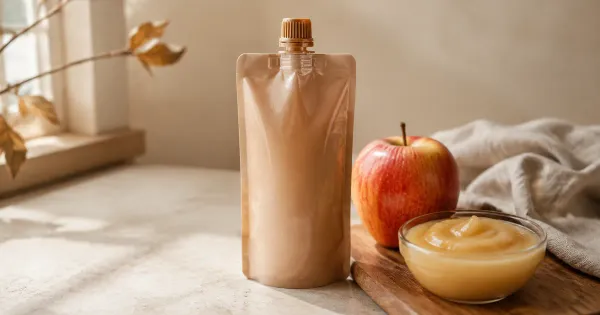 Illustration: unbranded sealed fruit puree pouch beside an apple and small glass bowl of smooth puree, no baby, no feeding scene Illustration: unbranded sealed fruit puree pouch beside an apple and small glass bowl of smooth puree, no baby, no feeding scene