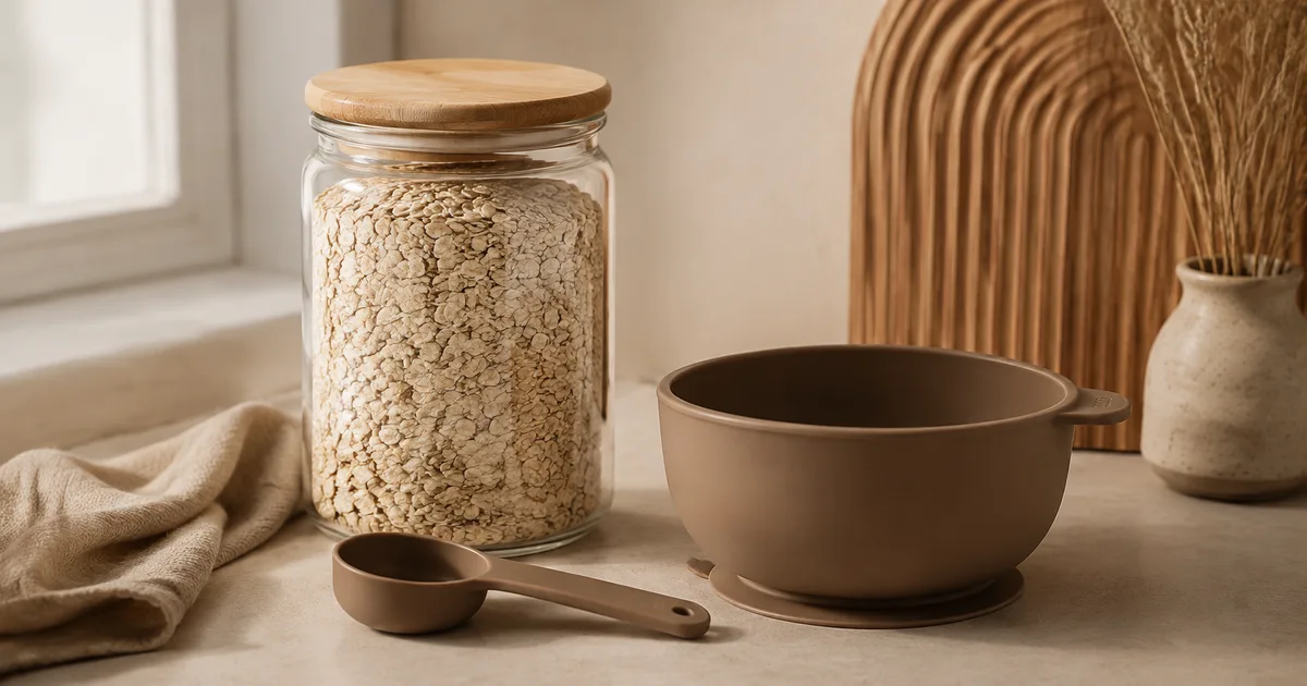 Illustration: fine dry oat flakes in a sealed glass jar beside a clean empty silicone bowl and measuring spoon, no baby