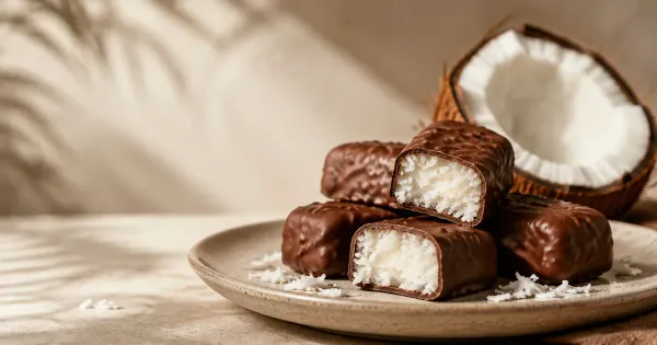 Illustration: chocolate-coated coconut bars cut open to reveal white coconut filling with a coconut half in the background Illustration: chocolate-coated coconut bars cut open to reveal white coconut filling with a coconut half in the background