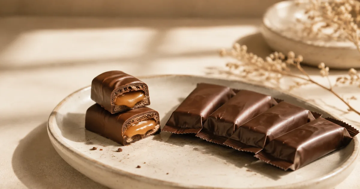 Illustration: small caramel-centred chocolate bars with a cut section beside four individually wrapped plain bars Illustration: small caramel-centred chocolate bars with a cut section beside four individually wrapped plain bars