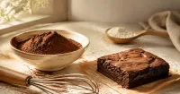 Illustration: a bowl of cocoa powder, a whisk, a flour-dusted spoon and a plain chocolate brownie on a baking counter