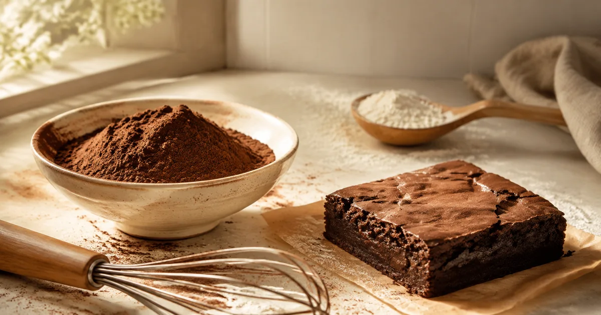 Illustration: a bowl of cocoa powder, a whisk, a flour-dusted spoon and a plain chocolate brownie on a baking counter