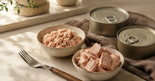 Illustration: tuna flakes and chunks in separate ceramic bowls beside plain unopened tins and a fork Illustration: tuna flakes and chunks in separate ceramic bowls beside plain unopened tins and a fork
