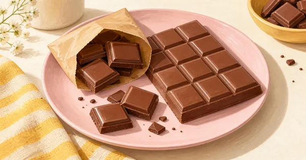 Illustration of a milk chocolate tablet, squares and a small paper pouch on a pink plate Illustration of a milk chocolate tablet, squares and a small paper pouch on a pink plate