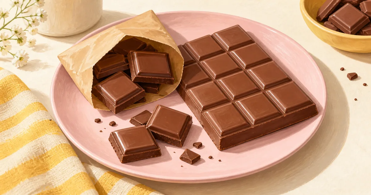 Illustration of a milk chocolate tablet, squares and a small paper pouch on a pink plate