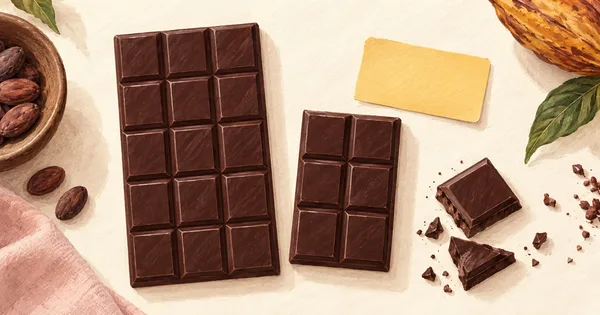 Illustration of two dark chocolate tablets and broken squares beside a blank comparison card Illustration of two dark chocolate tablets and broken squares beside a blank comparison card