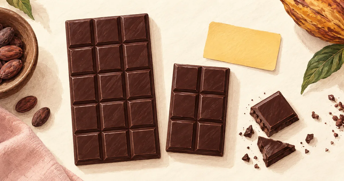 Dark chocolate pack-size comparison Illustration of two dark chocolate tablets and broken squares beside a blank comparison card