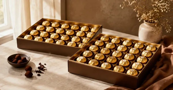 Illustration: two elegant open unbranded gift boxes of gold-foil-wrapped round chocolates in neat rows Illustration: two elegant open unbranded gift boxes of gold-foil-wrapped round chocolates in neat rows