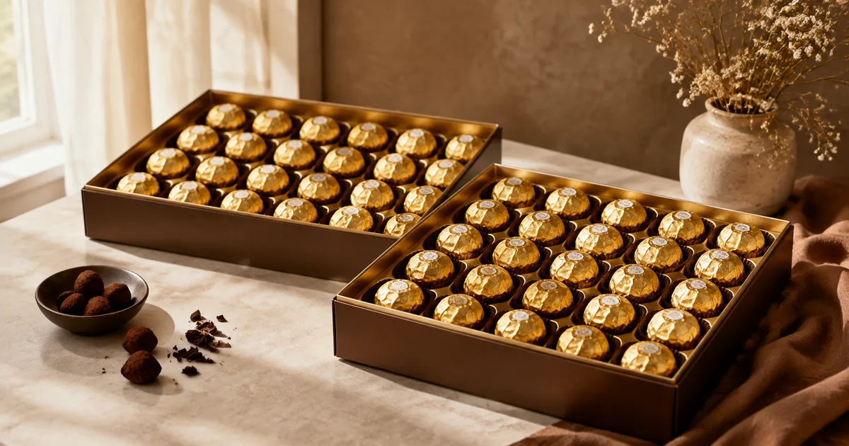 Illustration: two elegant open unbranded gift boxes of gold-foil-wrapped round chocolates in neat rows Illustration: two elegant open unbranded gift boxes of gold-foil-wrapped round chocolates in neat rows