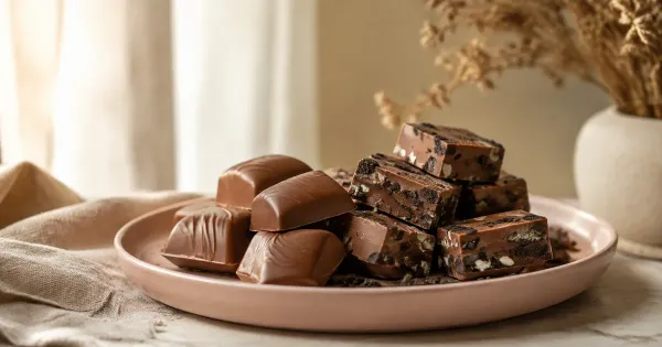 Illustration: smooth curved milk chocolate pieces and cookie-studded chocolate squares on a blush plate Illustration: smooth curved milk chocolate pieces and cookie-studded chocolate squares on a blush plate