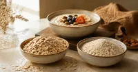 Illustration: rolled oats and finer instant oats in two ceramic bowls with a prepared porridge bowl behind
