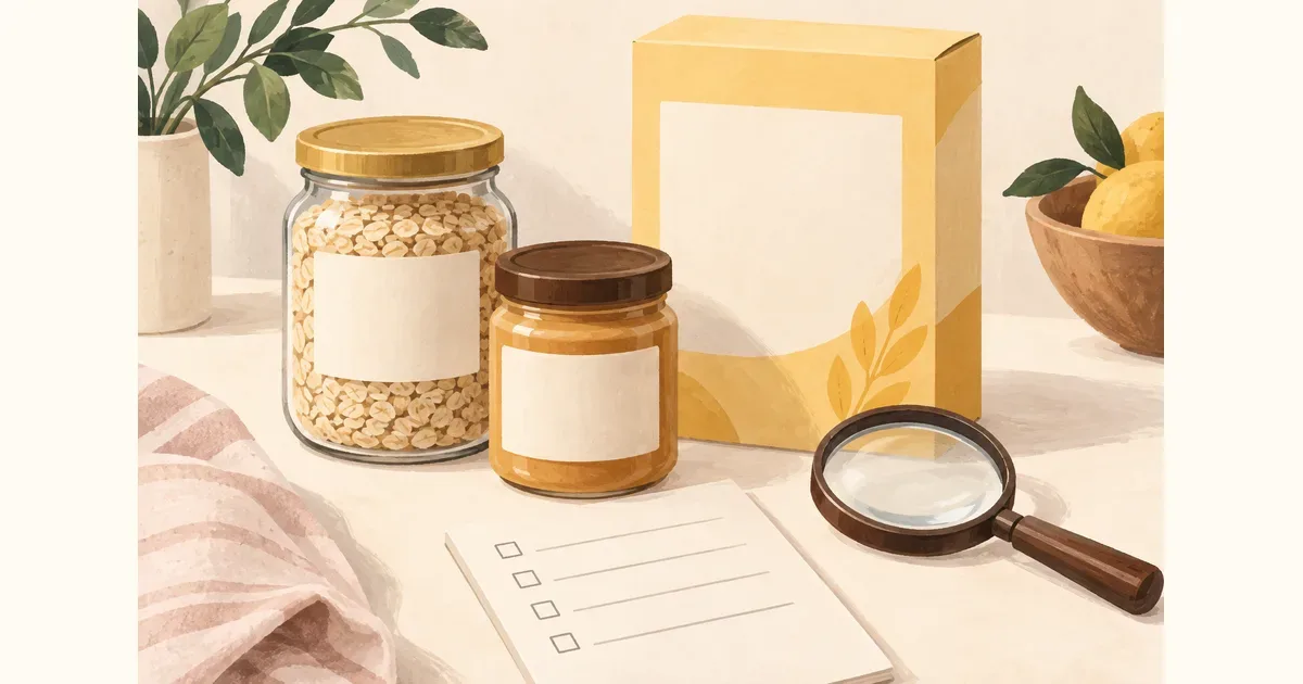 Illustration of sealed plain food jars, a cereal carton and a shopping checklist