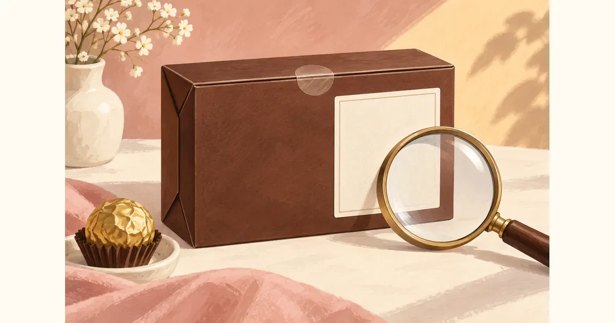Check the pack behind the product name Illustration of an unbranded sealed confectionery box and magnifying glass