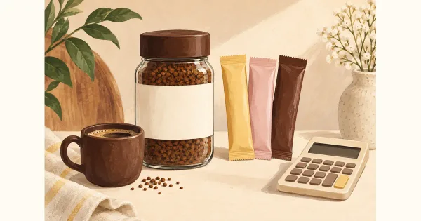 Illustration of an unbranded coffee jar, sachets, cup and calculator Illustration of an unbranded coffee jar, sachets, cup and calculator