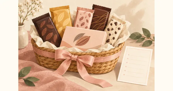 Illustration of a woven hamper with wrapped chocolate packs and an item-list card Illustration of a woven hamper with wrapped chocolate packs and an item-list card