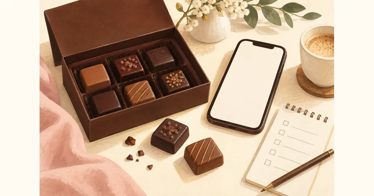 Illustration of a chocolate selection box beside a phone and order checklist