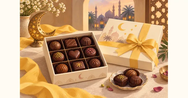 Illustration of chocolate gift boxes with yellow ribbon and a crescent ornament Illustration of chocolate gift boxes with yellow ribbon and a crescent ornament