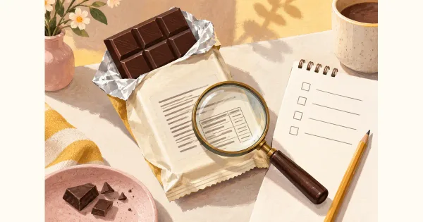 Illustration of a chocolate wrapper, blank label panel and magnifying glass Illustration of a chocolate wrapper, blank label panel and magnifying glass