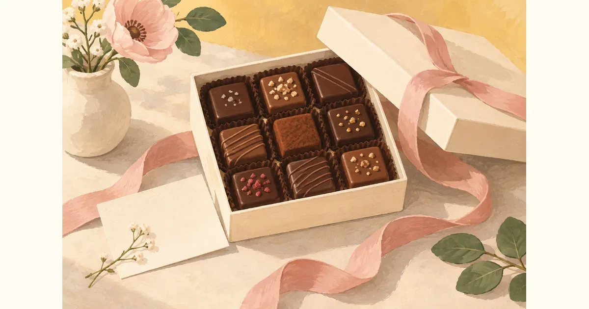 Illustration of a small chocolate gift box with blush ribbon and a blank note card
