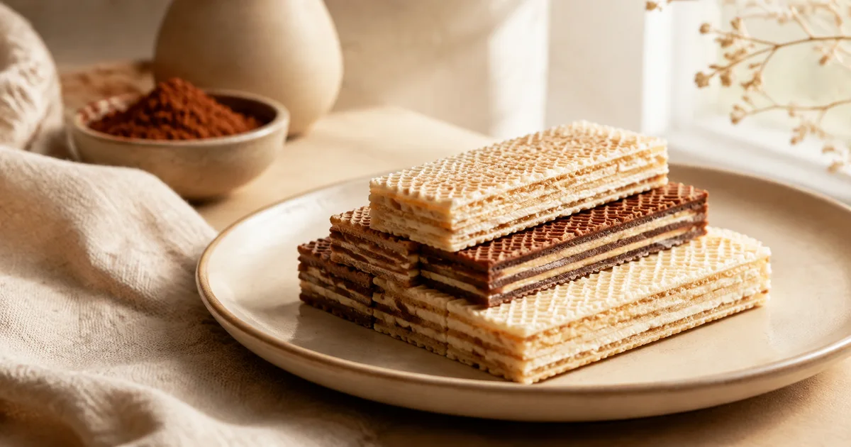 Illustration: thin rectangular two-tone cocoa and milk wafers stacked neatly on a plate, creamy layers visible