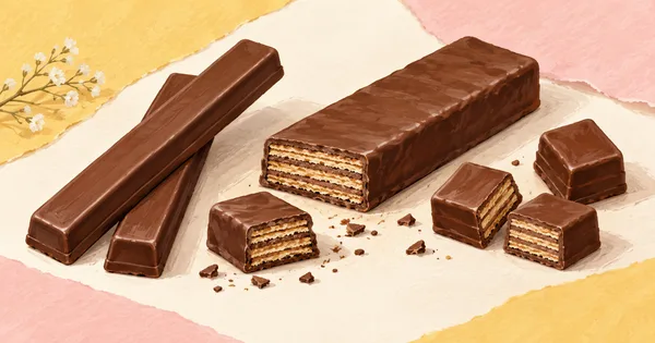 Illustration comparing chocolate-coated wafer fingers, a thick wafer bar and mini pieces Illustration comparing chocolate-coated wafer fingers, a thick wafer bar and mini pieces