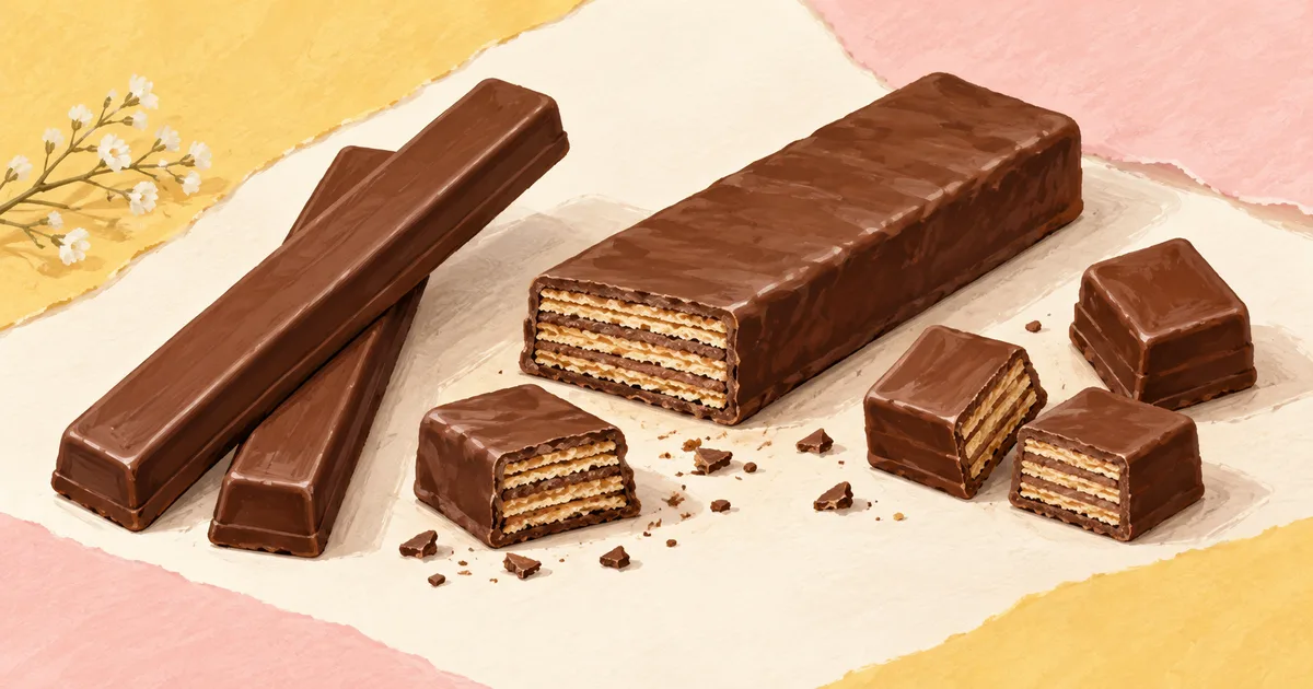 Chocolate wafer fingers, thick bars and minis Illustration comparing chocolate-coated wafer fingers, a thick wafer bar and mini pieces