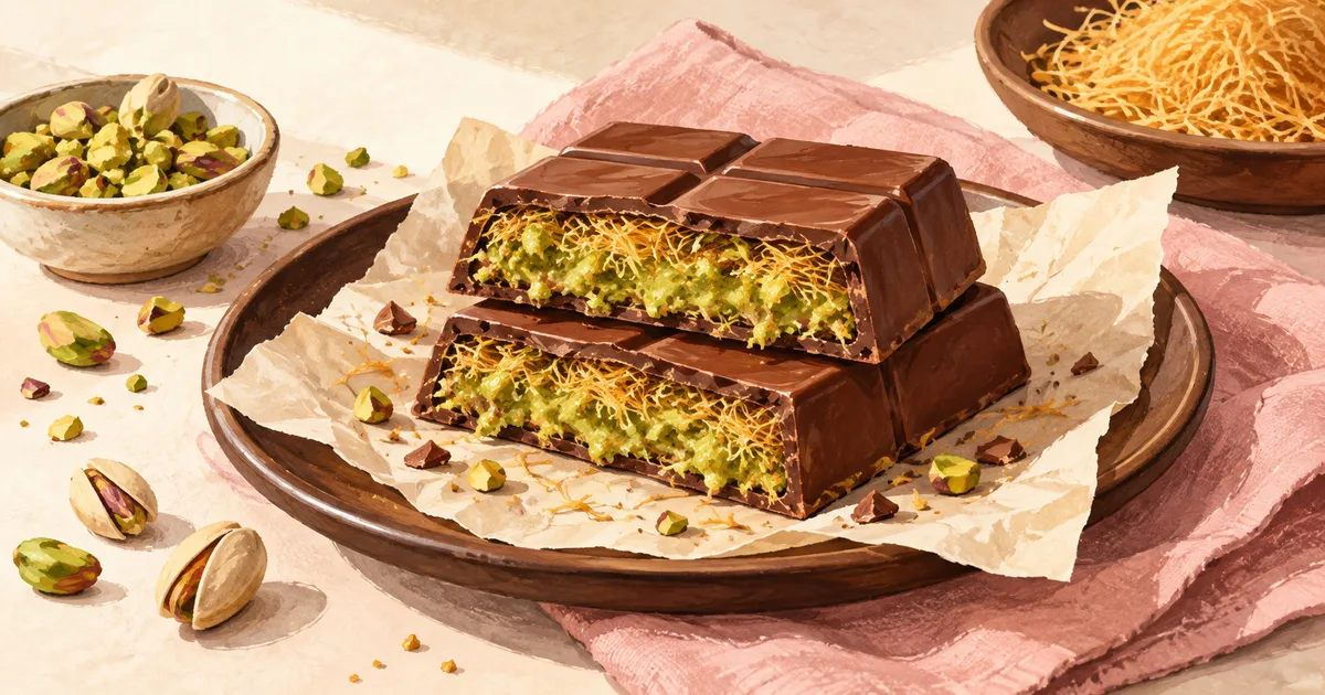 Kunafa-style chocolate filling and texture Illustration of a cut chocolate bar with green filling and golden pastry strands