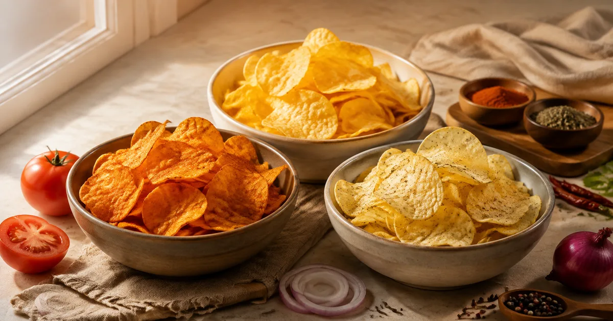 Illustration: three bowls of potato chips with tomato, onion and spice accents on a casual snack table