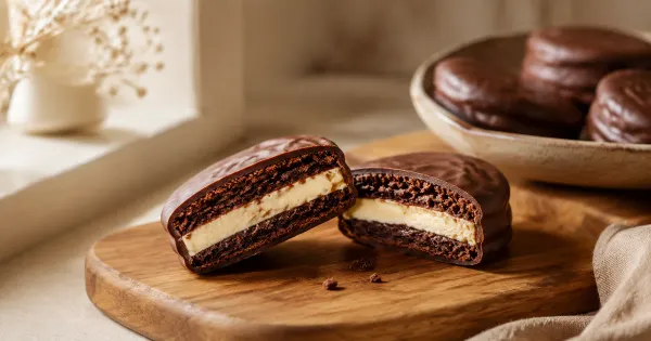 Illustration: two chocolate-coated sandwich cakes cut in half showing pale filling on a wooden board Illustration: two chocolate-coated sandwich cakes cut in half showing pale filling on a wooden board