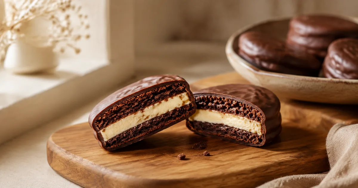 Illustration: two chocolate-coated sandwich cakes cut in half showing pale filling on a wooden board Illustration: two chocolate-coated sandwich cakes cut in half showing pale filling on a wooden board