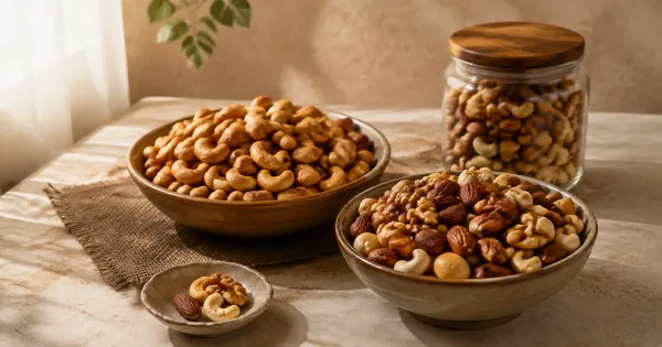 Illustration: roasted cashews in one bowl and mixed nuts in another, a small portion dish and sealed jar nearby Illustration: roasted cashews in one bowl and mixed nuts in another, a small portion dish and sealed jar nearby