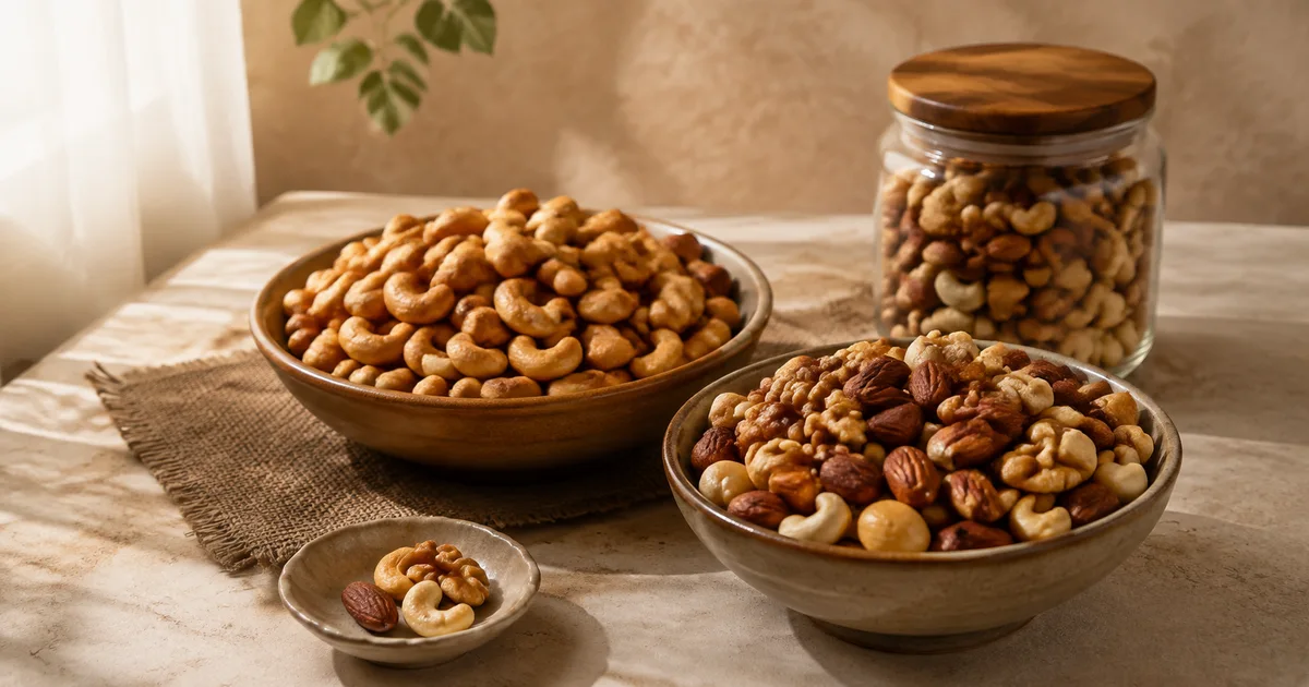 Illustration: roasted cashews in one bowl and mixed nuts in another, a small portion dish and sealed jar nearby Illustration: roasted cashews in one bowl and mixed nuts in another, a small portion dish and sealed jar nearby