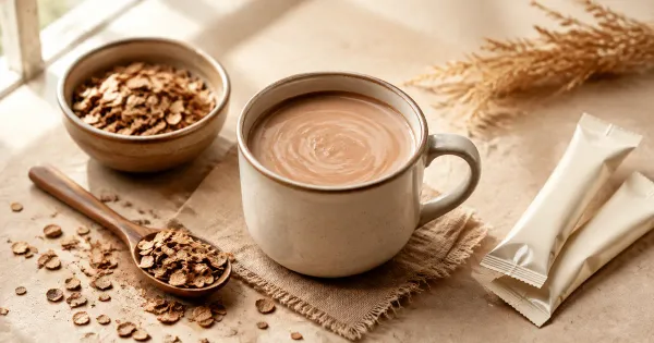 Illustration: a warm cereal drink in a mug beside a spoon of grain flakes and plain single-serve sachets Illustration: a warm cereal drink in a mug beside a spoon of grain flakes and plain single-serve sachets