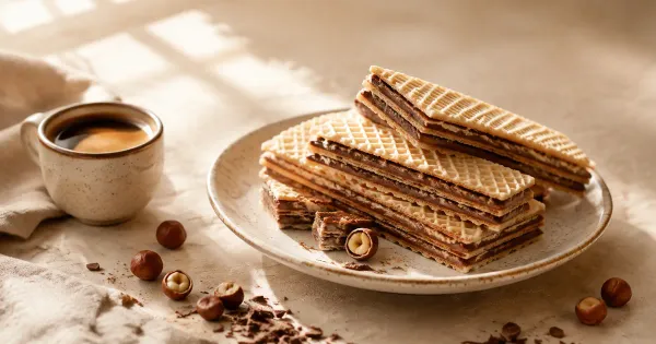 Illustration: crisp oblong wafer snacks with cocoa-hazelnut filling beside a small espresso cup Illustration: crisp oblong wafer snacks with cocoa-hazelnut filling beside a small espresso cup