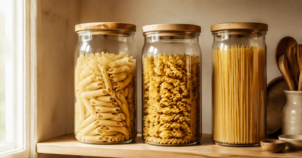 Illustration: dry penne, fusilli and spaghetti in separate simple glass jars on a pantry shelf