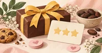 Illustration of a chocolate parcel, reward card and pink tokens on a cream background