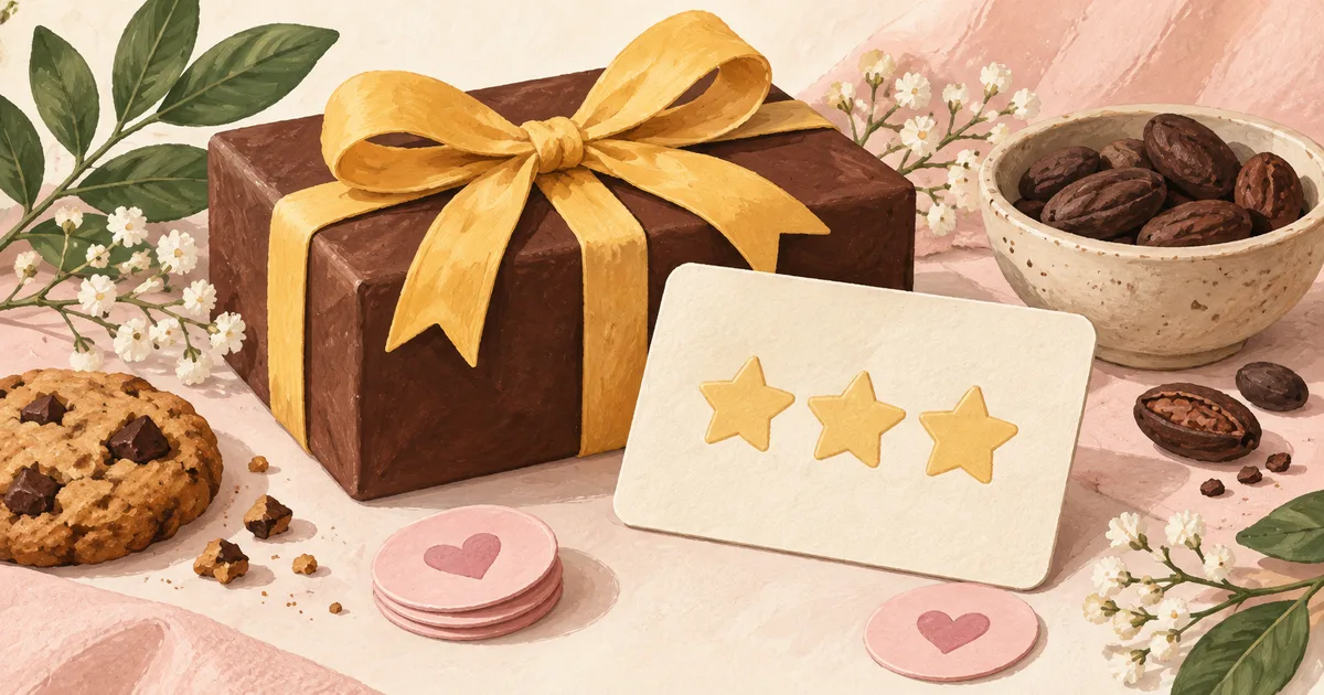 Illustration of a chocolate parcel, reward card and pink tokens on a cream background