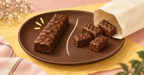 Illustration of a full-size chocolate snack bar and mini bars beside a paper pouch Illustration of a full-size chocolate snack bar and mini bars beside a paper pouch