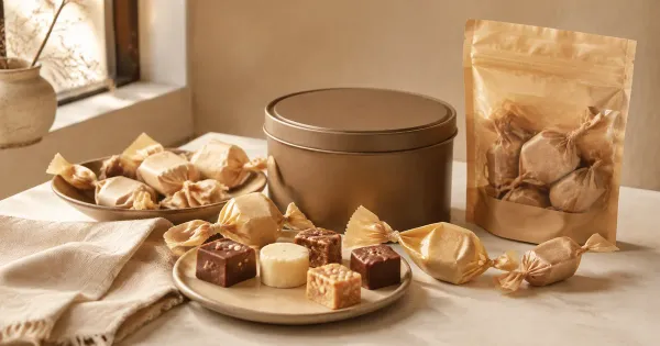 Illustration: assorted individually wrapped confections in plain paper wrappers beside a plain round gift tin and a refill pouch Illustration: assorted individually wrapped confections in plain paper wrappers beside a plain round gift tin and a refill pouch