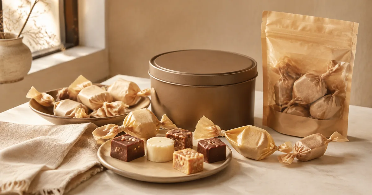 Illustration: assorted individually wrapped confections in plain paper wrappers beside a plain round gift tin and a refill pouch Illustration: assorted individually wrapped confections in plain paper wrappers beside a plain round gift tin and a refill pouch