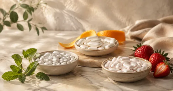 Illustration: three small dishes of unbranded gum pellets with mint leaves, orange peel and strawberries beside them Illustration: three small dishes of unbranded gum pellets with mint leaves, orange peel and strawberries beside them