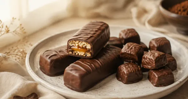 Illustration: caramel biscuit chocolate fingers and small chocolate bites on a plate, one finger sliced to show biscuit and caramel Illustration: caramel biscuit chocolate fingers and small chocolate bites on a plate, one finger sliced to show biscuit and caramel