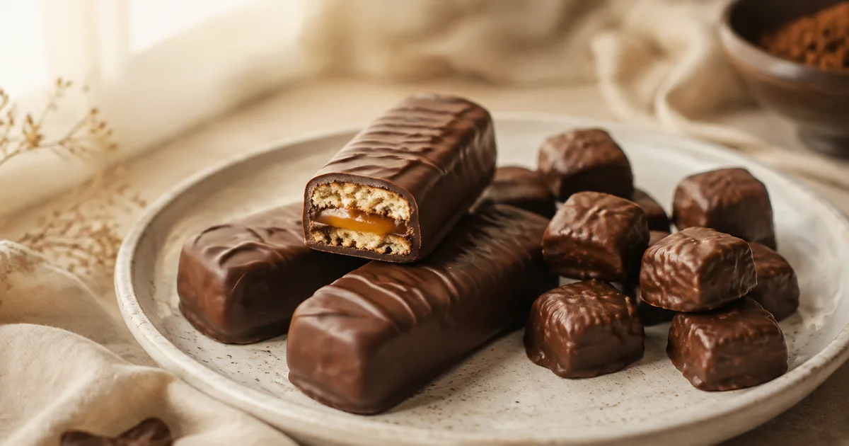 Illustration: caramel biscuit chocolate fingers and small chocolate bites on a plate, one finger sliced to show biscuit and caramel Illustration: caramel biscuit chocolate fingers and small chocolate bites on a plate, one finger sliced to show biscuit and caramel