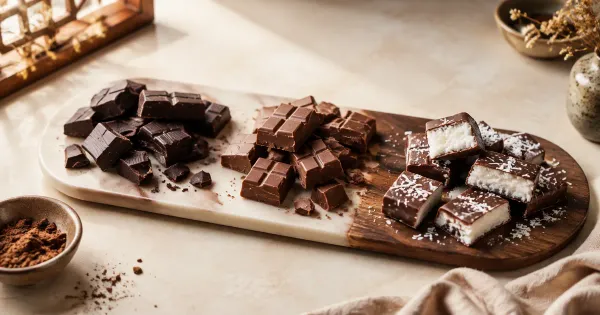 Illustration: an editorial tasting board with dark chocolate, milk chocolate and coconut-filled chocolate pieces, separated neatly Illustration: an editorial tasting board with dark chocolate, milk chocolate and coconut-filled chocolate pieces, separated neatly