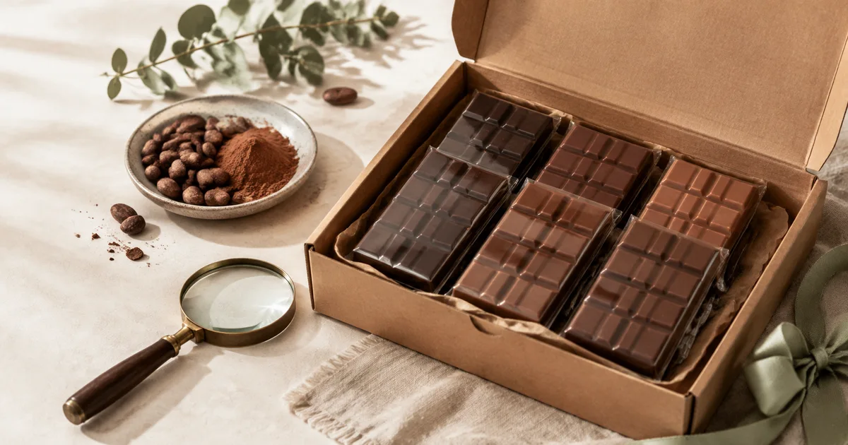 Illustration: sealed chocolate bars in a plain delivery box beside a magnifying glass