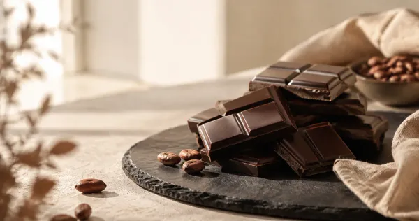 Illustration: deep brown dark chocolate squares on a slate plate with a few cocoa beans, calm premium setting Illustration: deep brown dark chocolate squares on a slate plate with a few cocoa beans, calm premium setting