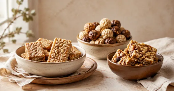 Illustration: small oat confection bars, round cereal confections and nut-crisp bites in separate bowls Illustration: small oat confection bars, round cereal confections and nut-crisp bites in separate bowls